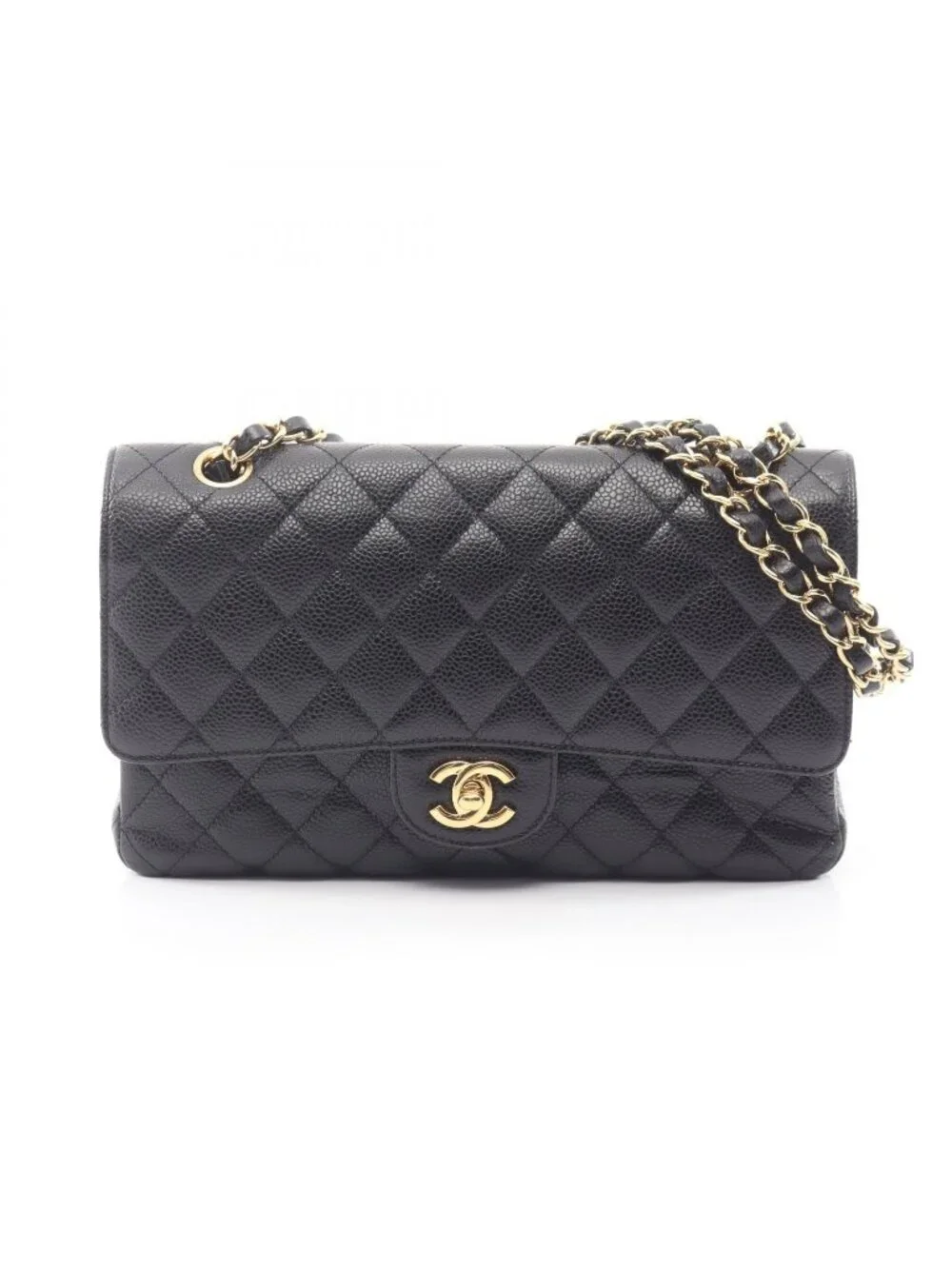 Chanel Shoulder Bag Quilted Double Flap Black Caviar Leather Chain